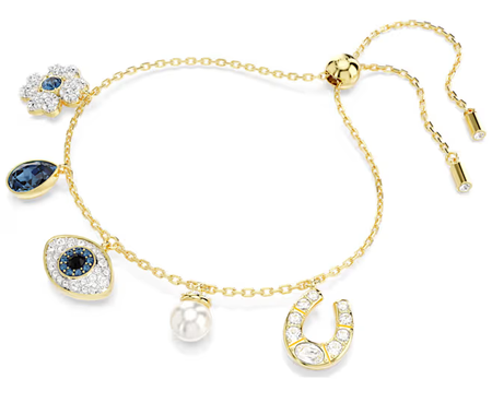 Swarovski Collection Symbolica bracelet Clover, evil eye and horseshoe, Blue, Gold-tone plated