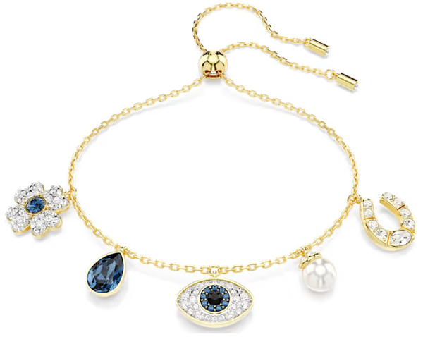 Swarovski Collection Symbolica bracelet Clover, evil eye and horseshoe, Blue, Gold-tone plated