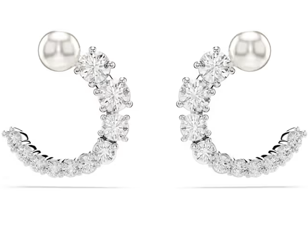 Swarovski Collections - Matrix hoop earrings Crystal pearl, Round cut, White, Rhodium plated