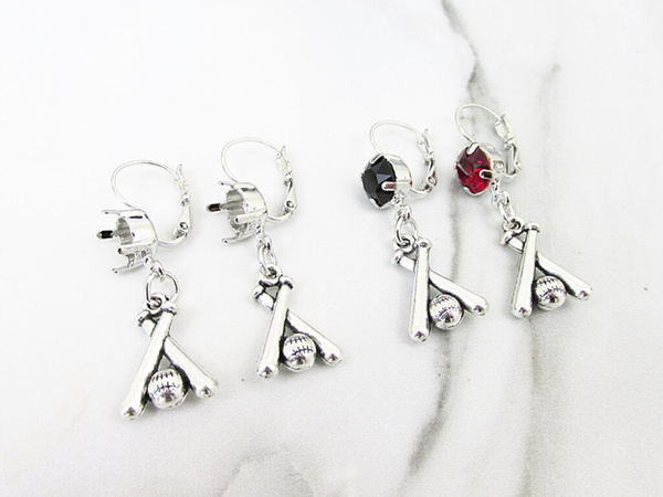 Lever Back One Setting Drop and Baseball Charm Earrings, 8.5mm