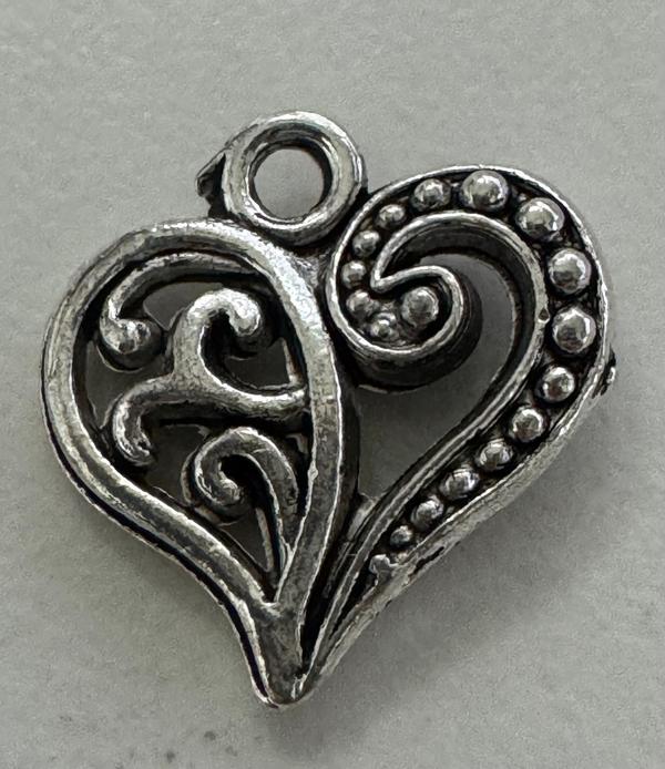 Filigree Heart Charm, Base Metal Plated in Imitation Rhodium