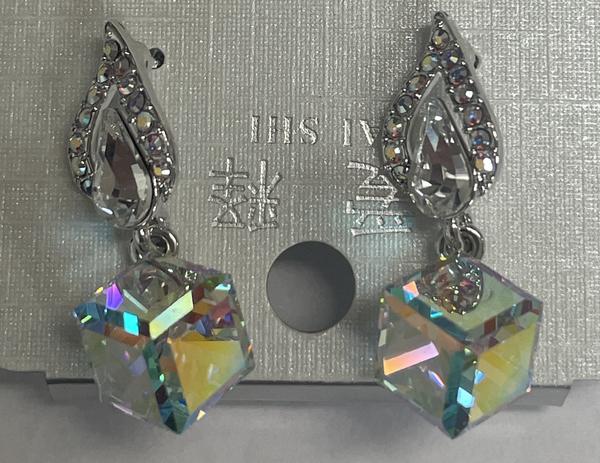 Crystal Raindrop Accented with Crystal AB and Corner Cut Cube Dangle Earrings