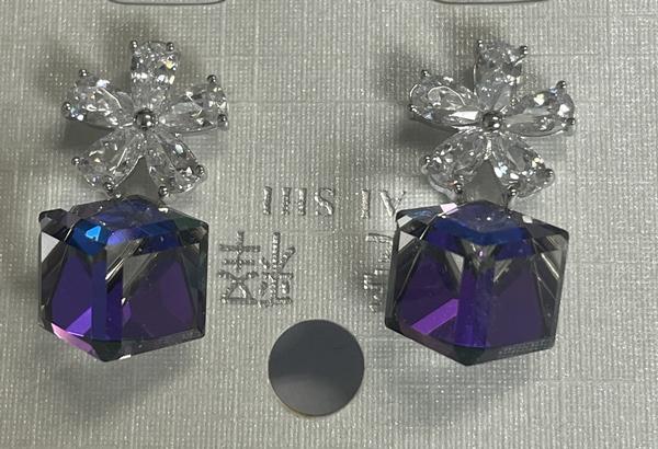 Crystal Heliotrope Corner Cut Cube Dangle Earrings with Flower Motif