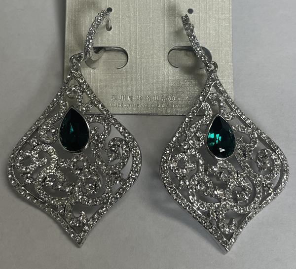 Crystal Dangle Earrings with Emerald Accents 2-1/2"